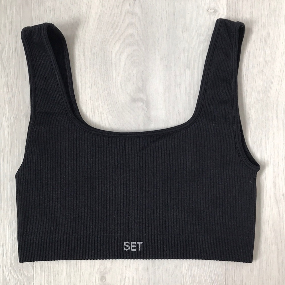 SET ACTIVE SPORTS BRA BLACK RIBBED WOMENS SMALL